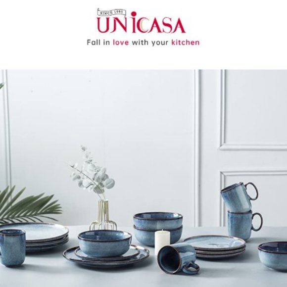 8.25" CERAMIC DESSERT/ SALAD PLATES - Set of 4 (Blue w/ Brown Rim) - Picture 9 of 9